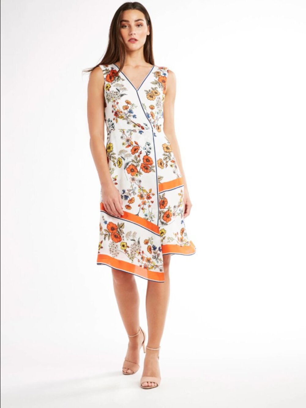 Elie Tahari Jannele Asymmetric Floral Midi Dress Orange White Size 8 EUC